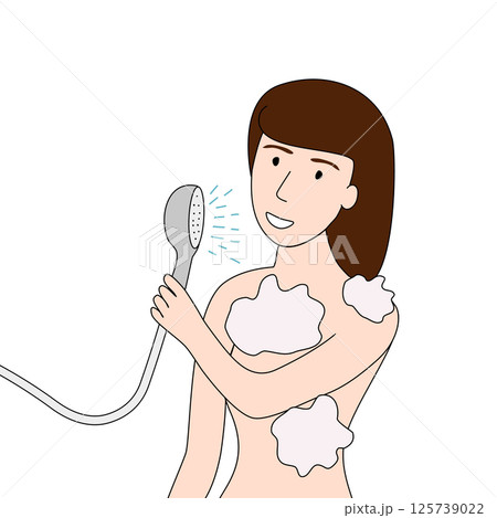 Happy woman with long brown hair taking a shower with soap suds on her body, vector Happy woman with long brown hair taking a shower with soap suds on her body, vector 125739022