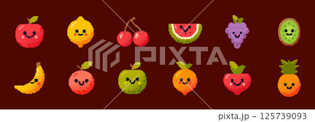 Cute pixel fruit set apple lemon cherry. Pixel character fruit watermelon kiwi and orange. 125739093