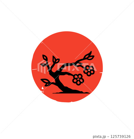 Minimal Japanese cherry blossom tree silhouette with red sun circle nature, tradition, and Asian Minimal Japanese cherry blossom tree silhouette with red sun circle nature, tradition, and Asian 125739126