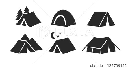 Tent camp vector silhouette black icon. Isolated tent outdoor military holiday camping vacation icon Tent camp vector silhouette black icon. Isolated tent outdoor military holiday camping vacation icon 125739132