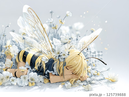 花畑で眠る蜂の妖精のイラスト素材 125739888