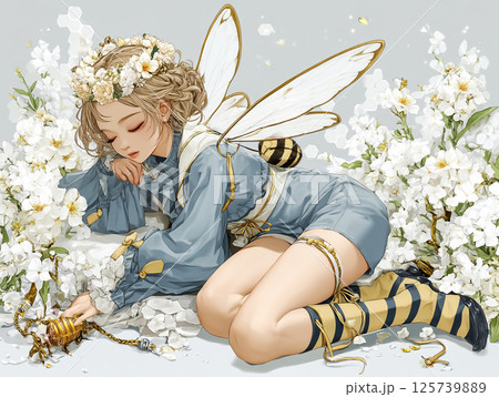 花畑で眠る蜂の妖精のイラスト素材 125739889