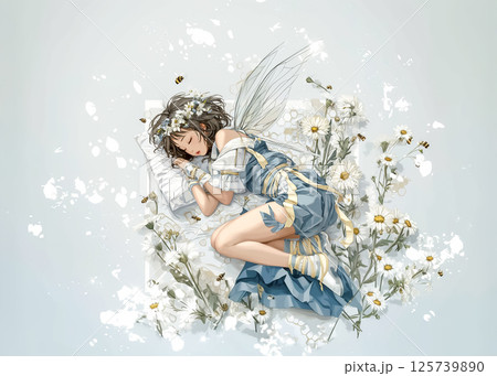 花畑で眠る蜂の妖精のイラスト素材 125739890