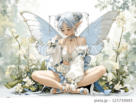 花畑に座る蜂の妖精のイラスト素材 125739893