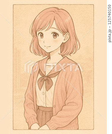 セピアカラーの制服少女イラスト_枠背景 125740150