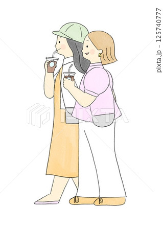手描き風イラスト 街歩きをする2人の女性 手描き風イラスト 街歩きをする2人の女性 125740777