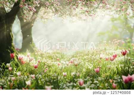 A lush green lawn with a hedge and a row of pink flowers 125740808