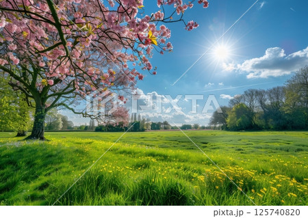 A tree with pink blossoms stands in a field of yellow flowers 125740820