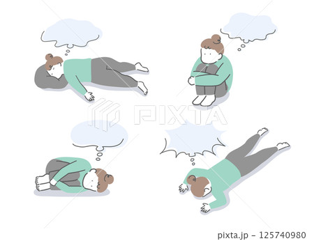様々な体勢で考え事をしている女性の吹き出し付きイラストセット 125740980