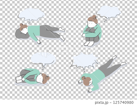 Illustration set of a woman thinking in various positions with speech bubbles 125740980