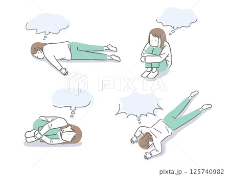 落ち込む若い女性のふきだし付きイラストセット 125740982