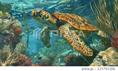 Sea Turtle Gliding Through Colorful Coral Reef 125741166