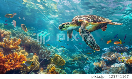 Sea Turtle Swimming Among Colorful Coral Reefs 125741167