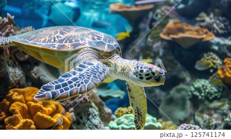 Sea Turtle Swimming Among Coral Reefs 125741174