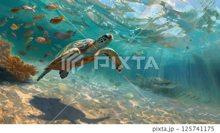 Sea Turtle Swimming with Colorful Fish in Coral Reef 125741175
