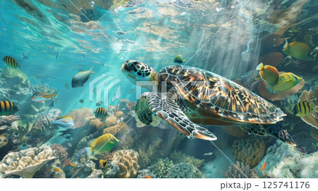 Sea Turtle Swimming Among Colorful Coral Reef 125741176