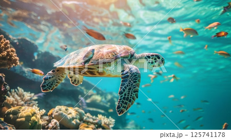 Sea Turtle Gliding Through Colorful Coral Reef 125741178