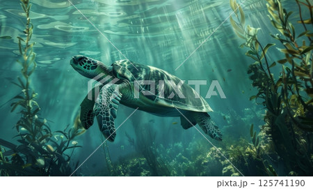 Sea Turtle Gliding Through Underwater Kelp Forest 125741190