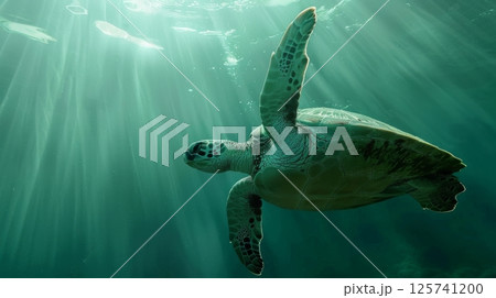 Sea Turtle Swimming in Sunlit Waters 125741200