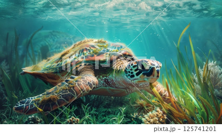 Sea Turtle Swimming Over Coral Reef 125741201