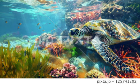 Sea Turtle Swimming Over Coral Reef 125741202