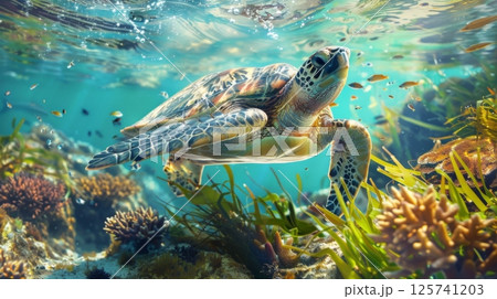 Sea Turtle Swimming Over Coral Reef 125741203