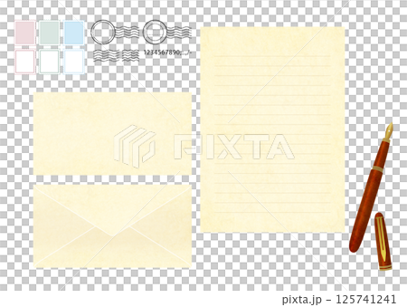 Letter paper, envelope and fountain pen Illustration of a letter 125741241
