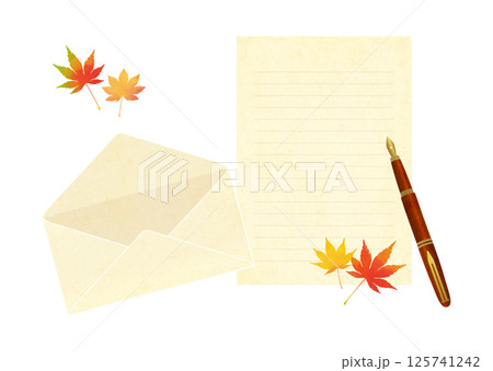 もみじの葉と便箋と封筒 手紙のイラスト 125741242