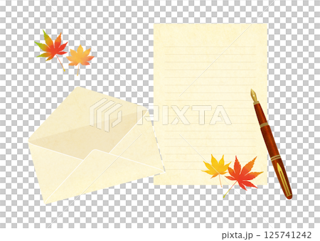 もみじの葉と便箋と封筒 手紙のイラスト 125741242
