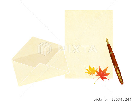 もみじの葉と便箋と封筒 手紙のイラスト 125741244