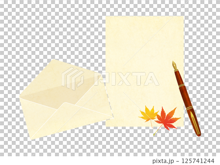Illustration of a letter with maple leaves, letter paper and envelope 125741244