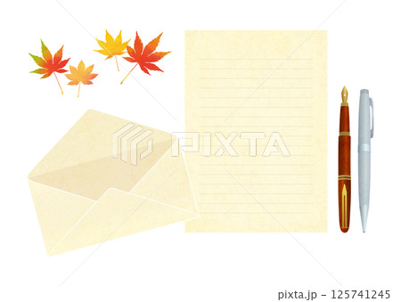もみじの葉と便箋と封筒 手紙のイラスト 125741245