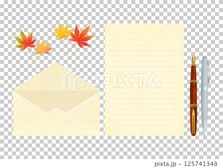 もみじの葉と便箋と封筒 手紙のイラスト 125741348
