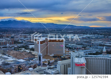 Aerial of Las Vegas Skyline at Sunset with Mirage and Harrahs Aerial of Las Vegas Skyline at Sunset with Mirage and Harrahs 125742394