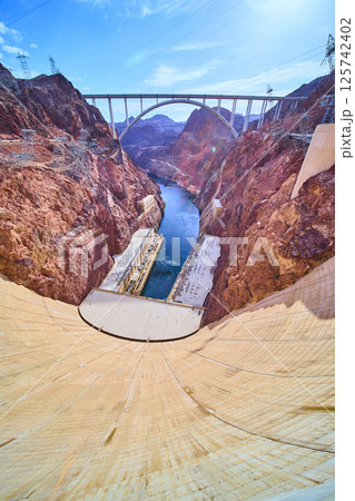 Hoover Dam and Bridge Over Colorado River Aerial 125742402