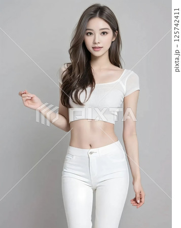白いジーンズを履いてポーズをとる女子 125742411