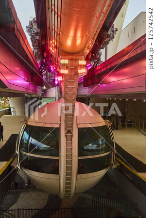 Futuristic Ferris Wheel Capsule Interior with Vibrant Lighting - Eye-Level View 125742542