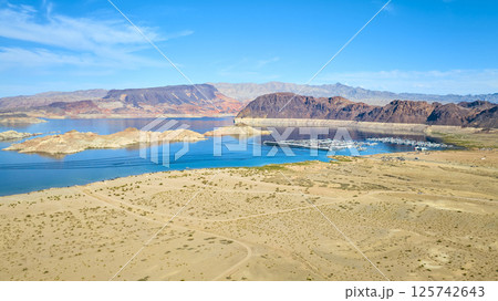 Aerial of Lake Mead and Rugged Desert Landscape 125742643
