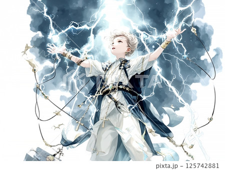 稲妻をまとった電気の妖精のイラスト素材 稲妻をまとった電気の妖精のイラスト素材 125742881