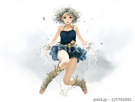 稲妻を操る電気の妖精のイラスト素材 稲妻を操る電気の妖精のイラスト素材 125742882