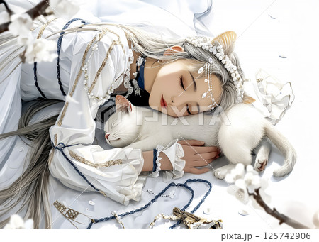 眠るネコの妖精のイラスト素材 125742906