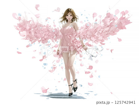 ピンク色の花びらと春の妖精のイラスト素材 125742941