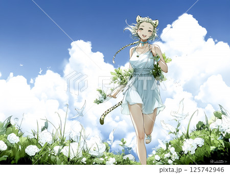 草原を走るチーターの妖精のイラスト素材 125742946