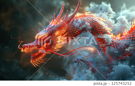 A vivid illustration of an orange dragon weaving through billowing clouds. Generate ai 125743252