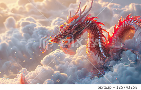 A vivid illustration of an orange dragon weaving through billowing clouds. Generate ai 125743258