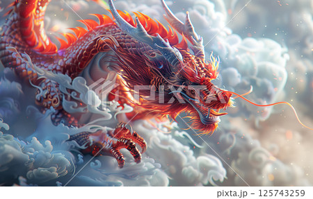 A vivid illustration of an orange dragon weaving through billowing clouds. Generate ai 125743259