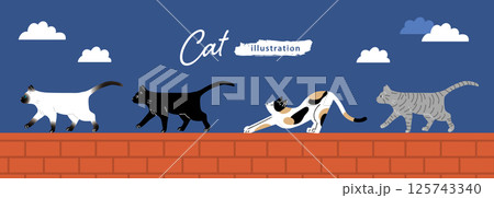 塀の上を歩いている猫たちのイラスト 125743340