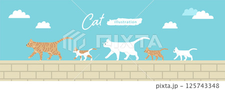 塀の上を歩いている猫の親子のイラスト2 塀の上を歩いている猫の親子のイラスト2 125743348
