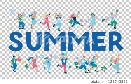 SUMMER プレゼントやショッピングで喜ぶ人々の手書きのイラスト 125743351