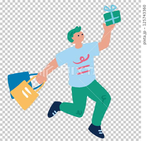 買い物を楽しむ男性　カラフルでフラットな手書きのイラスト 125743360